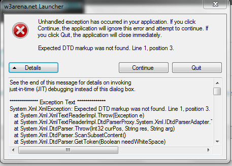 Скриншот проблемы при запуске w3arena.net Launcher