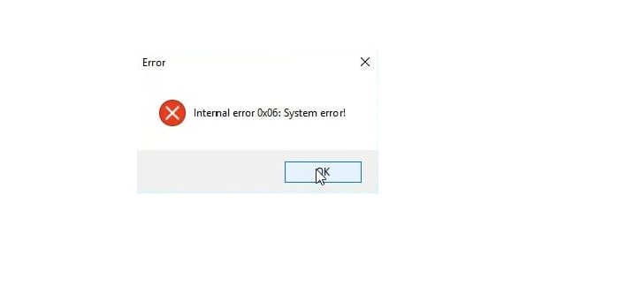 Скриншот ошибки Internal error 0x06