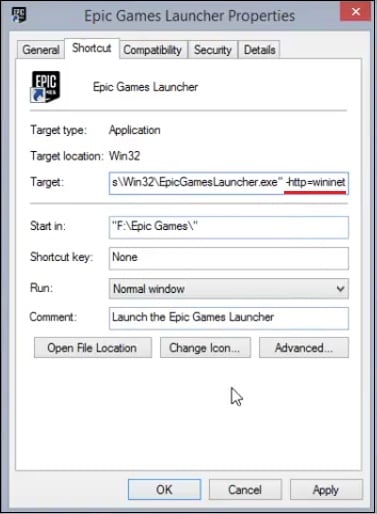 Окно свойств Epic Games Launcher