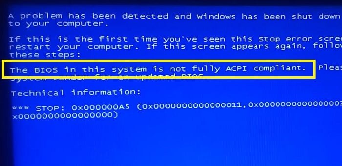 Windows failed to load because the firmware bios is not acpi compatible