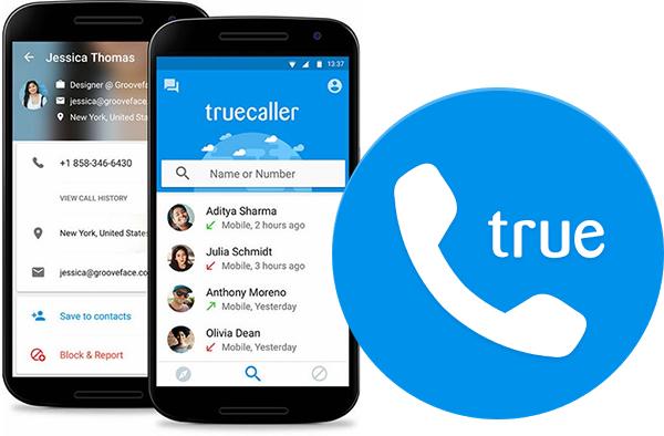 Открытое приложение Truecaller на телефоне и логотип